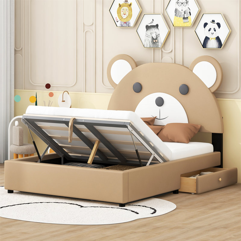 Full Size Upholstery Platform Bed Frame with Cute Bear Shaped Headboard and Storage Drawers